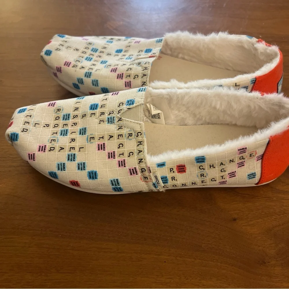 Toms x Scrabble Slip On Casual Alpargata Flats Faux‎ Fur Lined Womens 8